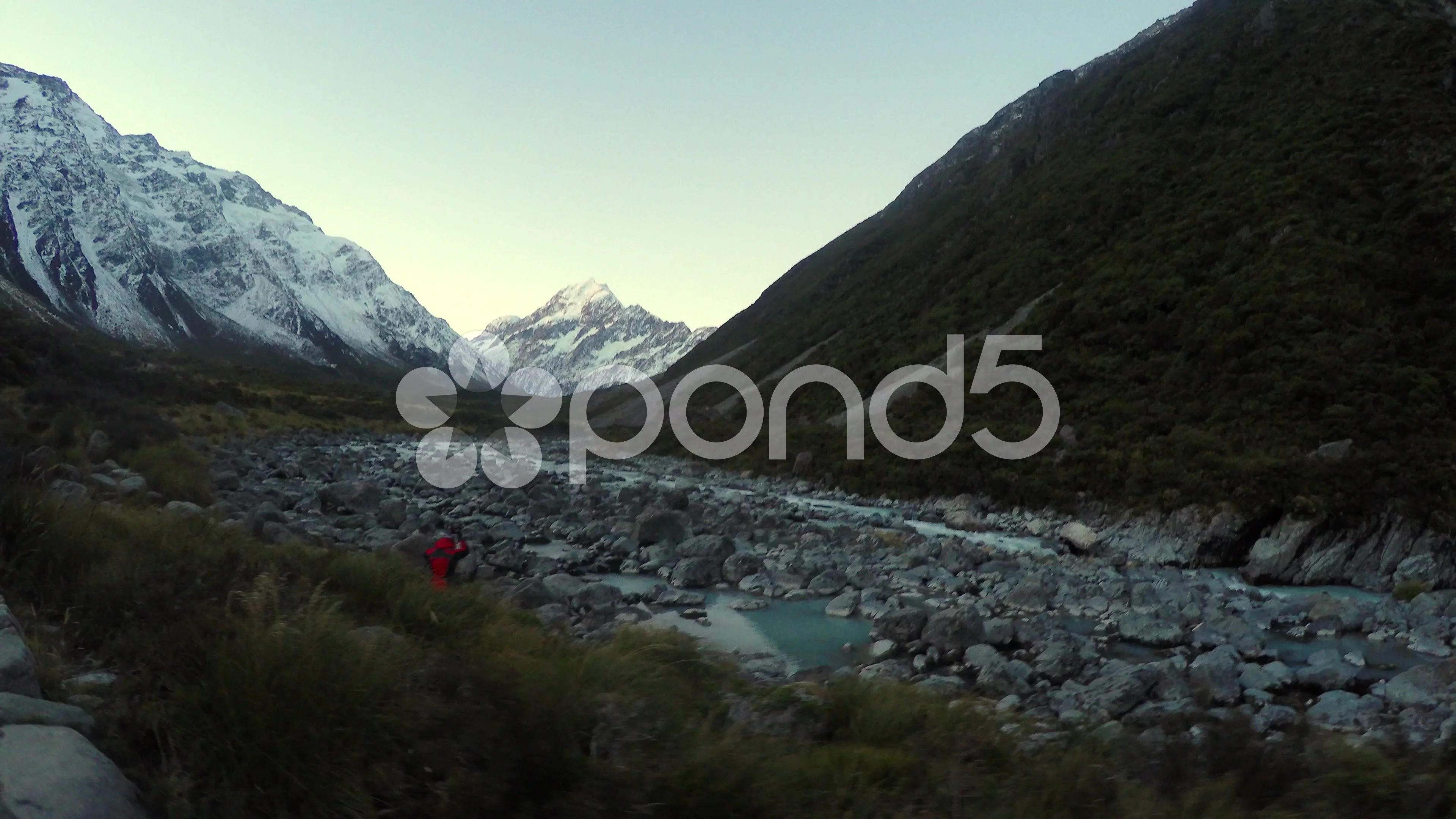 1st Person POV Hiking At Hooker Track Along The River With Mt Cook In Clear View