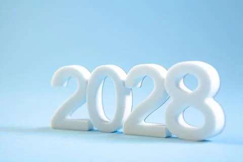2 0 0 2 8 new year on blue wooden background with copy space for your text. Stock Photos