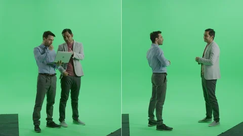 2-in-1 Green Screen Collage: Two Diverse Businessmen Standing, Using Laptop Video stock 129387184