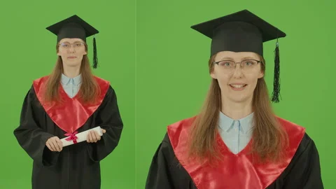 2-in-1 Split Green Screen Montage. Female Graduate Holding Diploma Video stock 220716186