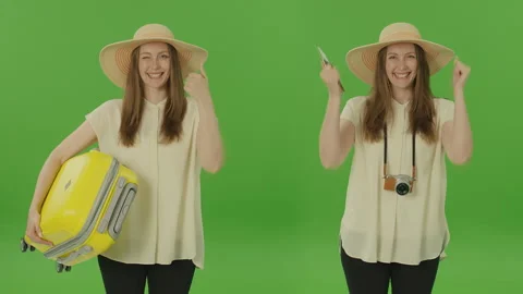 2-in-1 Split Green Screen Montage. Woman Tourist in Hat With Yellow Luggage Stock Footage 224092960
