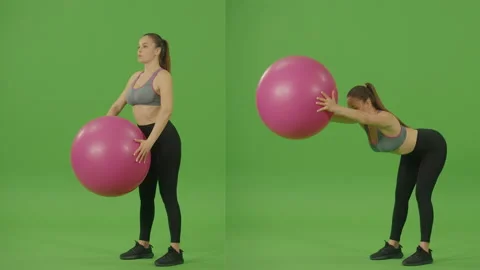 2-in-1 Split Green Screen Montage. Young Woman Doing Exercises With Fitball. Video stock 224100073