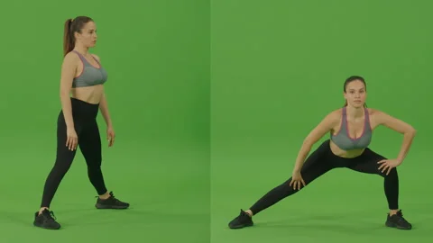 2-in-1 Split Green Screen. Girl in Sportswear Doing Split Workout Burning Fat Stock Footage 224101860