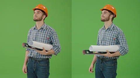2-in-1 Split Green Screen Collage: Young Bearded Civil Engineer Wearing Hard Hat Video stock 224722110