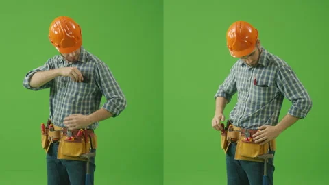 2-in-1 Split Green Screen. Tired Construction Worker Wearing Checkered Shirt Video stock 224757626