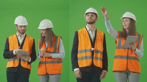 2-in-1 Split Green Screen. Male and Female Civil Engineers in Safety Jackets Video stock 224766316