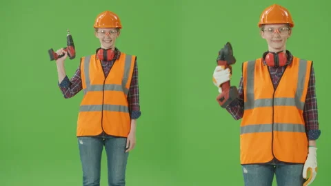 2-in-1 Split Green Screen Collage:Young Confident Woman Builder in Work Clothes Stock Footage 224769125