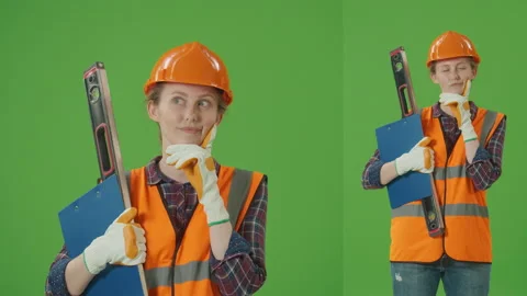 2-in-1 Split Green Screen Collage:Young Confident Woman Builder in Work Clothes Stock Footage 224769893