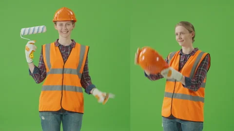 2-in-1 Split Green Screen Collage:Young Confident Woman Builder in Work Clothes Stock Footage 224770400