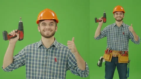 2-in-1 Split Green Screen. Bearded Civil Engineer, Lifting the Drill Up Stock Footage 224775857