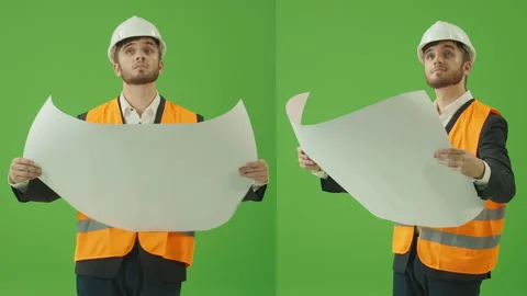 2-in-1 Split Green Screen Collage: Young Bearded Civil Engineer in Safety Jacket Video stock 224777652