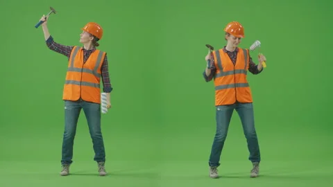 2-in-1 Split Green Screen Collage:Young Confident Woman Builder in Work Clothes Stock Footage 224778886