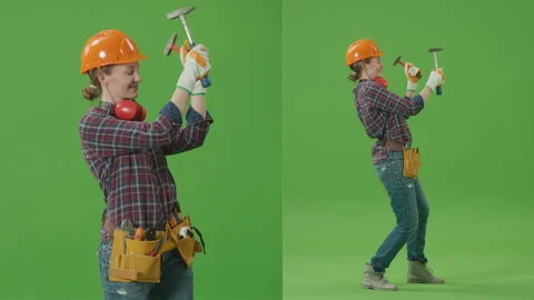 2-in-1 Split Green Screen Collage:Young Confident Woman Builder in Work Clothes Stock Footage 224779530