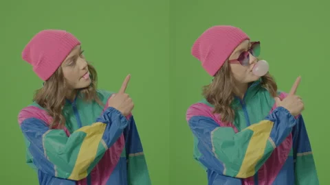 2-in-1 Split Green Screen Montage. YoGirl of 80-90's Style, Showing Thumb up Stock Footage 236205239
