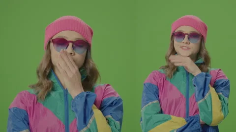 2-in-1 Split Green Screen Montage.Upset Girl of 80-90's Style Keeps Arms Folded Stock-Footage 236205652