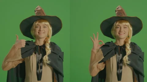 2-in-1 Split Green Screen Montage.Girl Sorceress Showing Okay, Thumbs Up Signs. Stock Footage 236410685