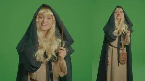 2-in-1 Split Green Screen Montage.Portrait of a Girl Sorceress With a Magic Wand Stock Footage 236418603