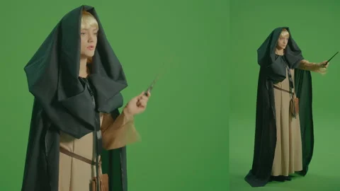 2-in-1 Split Green Screen Montage.A Magical Girl Makes Wishes With a Magic Wand. Stock Footage 236418717