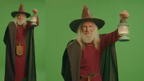 2-in-1 Split Green Screen Montage.A Smiling Old Wizard With a Lamp Looks Ahead. Stock Footage 236637130