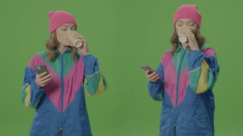 2-in-1 Split Green Screen Montage. Green Screen. Sad Girl of 80-90's Style Stock Footage 237641055