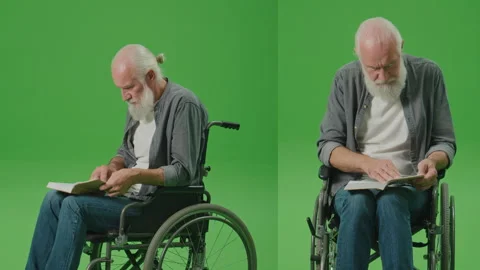 2-in-1 Split Green Screen Montage. An Old Man in a Wheelchair Reading a Book. Stock Footage 242205741