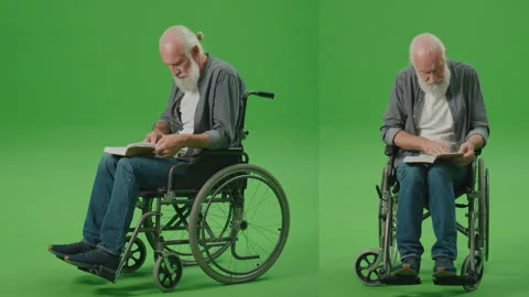 2-in-1 Split Green Screen Montage. An Old Man in a Wheelchair Reading a Book. Stock Footage 243465192