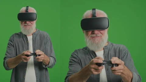 2-in-1 Split Green Screen Montage. An Old Man In Vr Glasses Plays A Joystick. Stock Footage 263392751
