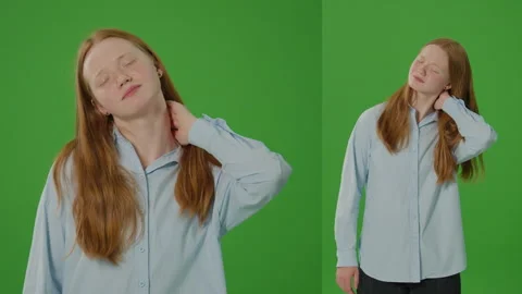 2-in-1 Split Green Screen. Teenage Girl Massages Her Sore Neck, Indicating Teen Video stock 264186343
