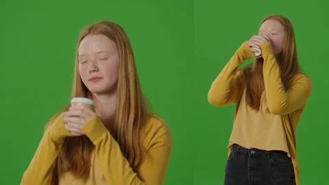 2-in-1 Split Green Screen. Portrait Of A Teenage Girl Standing With A Coffee In Video stock 264186906