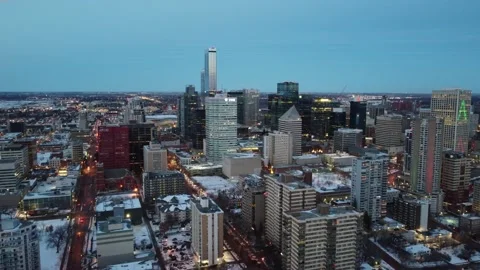 2-4 Evening Aerial Fly over post modern lit winter city hardly any traffic Stock Footage 145506115