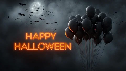 2 46 A bunch of spooky balloons floating in the night sky with bat 52141450 Stock Footage 318235097