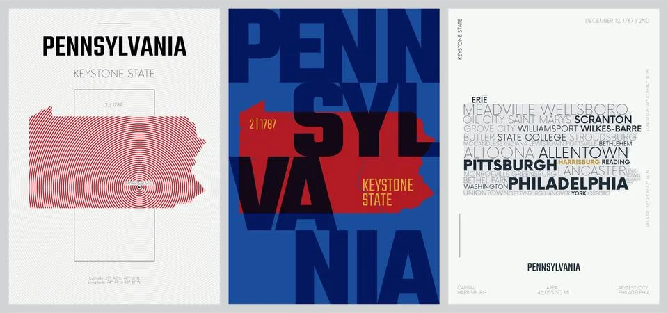 2 of 50 sets, US State Posters with name and Information in 3 Design Styles,  Stock Illustration