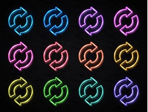 2 arrow circle icon set. Color neon signs on black Stock Illustration