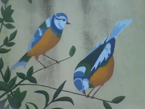 2 beautiful birds, drawn on a tree branch on the wall Stock Footage 162147074