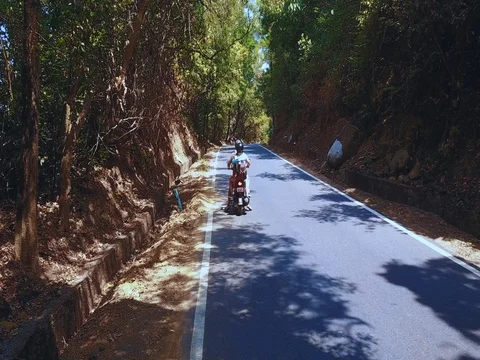 2 bikers driving on the Highway through the jungle Stock-Footage 77435916