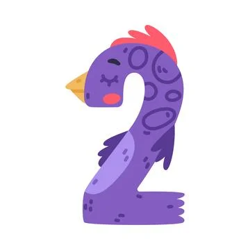 2 bird number. Two purple numeral with eyes, beak and wings cute cartoon vector Ilustración de archivo