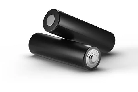2 black batteries on a white background with a shadow. 3d render. Illustrazione stock
