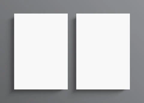 2 blank white posters hanging on grey wall background. Poster vector mockup. Stock Illustration