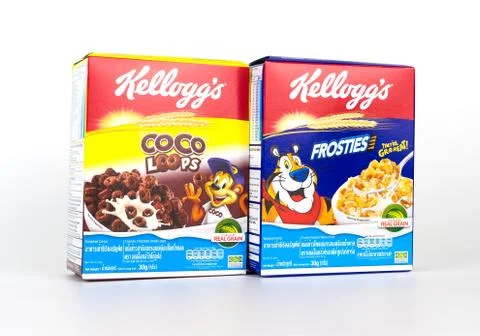 2 boxes of Kellogg's breakfast cereal isolated on white. Stock Photos