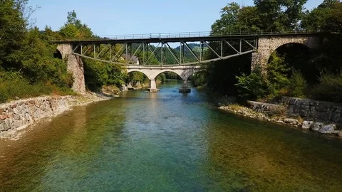 2 bridges over a river/ nice drone shot Stock Footage 108731378