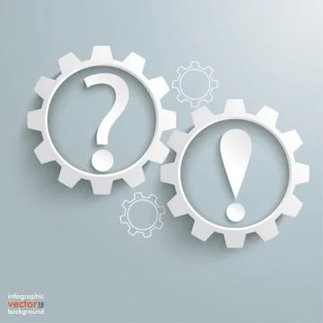2 bulbs gears question exclamation marks infographic Stock Illustration