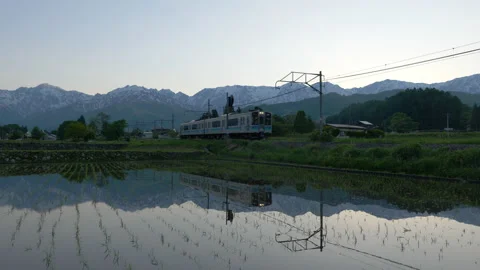 2-Car Train Moving Past Rice Fields in Spring in the Countryside of Japan Stock Footage 199743458