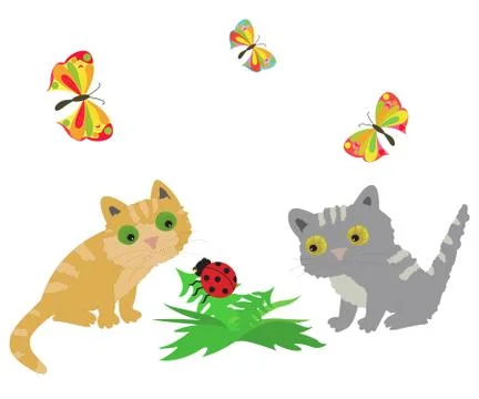 2 cat, ladybug and butterflys Stock Illustration