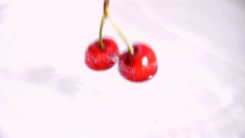 2 cherries slowly drop in a white pan full of water in slow motion Stock Footage 91205966