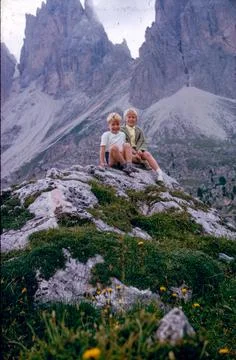 2 children pose for camera in Corvara are in Alta Badia area of Italy, 1966 Stock Photos
