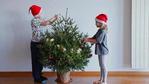 2 children in red hats decorating a live Christmas tree from different sides Stock Footage 254429121