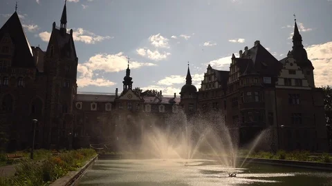2 clips in 1.  Beautiful and fairytale castle in Moszna. Poland. 4K Stock Footage 114356487