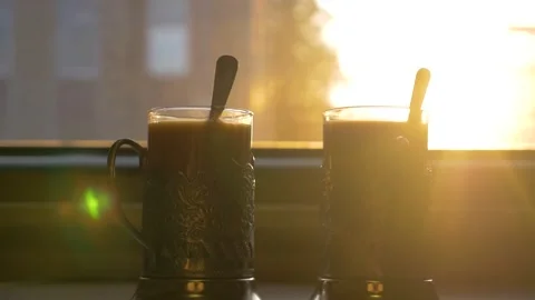 2 coffee near the window by the train. travel together Stock-Footage 132688036