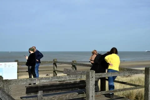 2 couples on an observation platform in the dunes Stock Photos