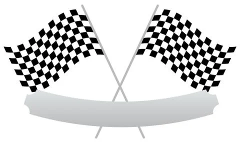 2 crossed racing flags with empty banner, plaque shape for texts Stock Illustration